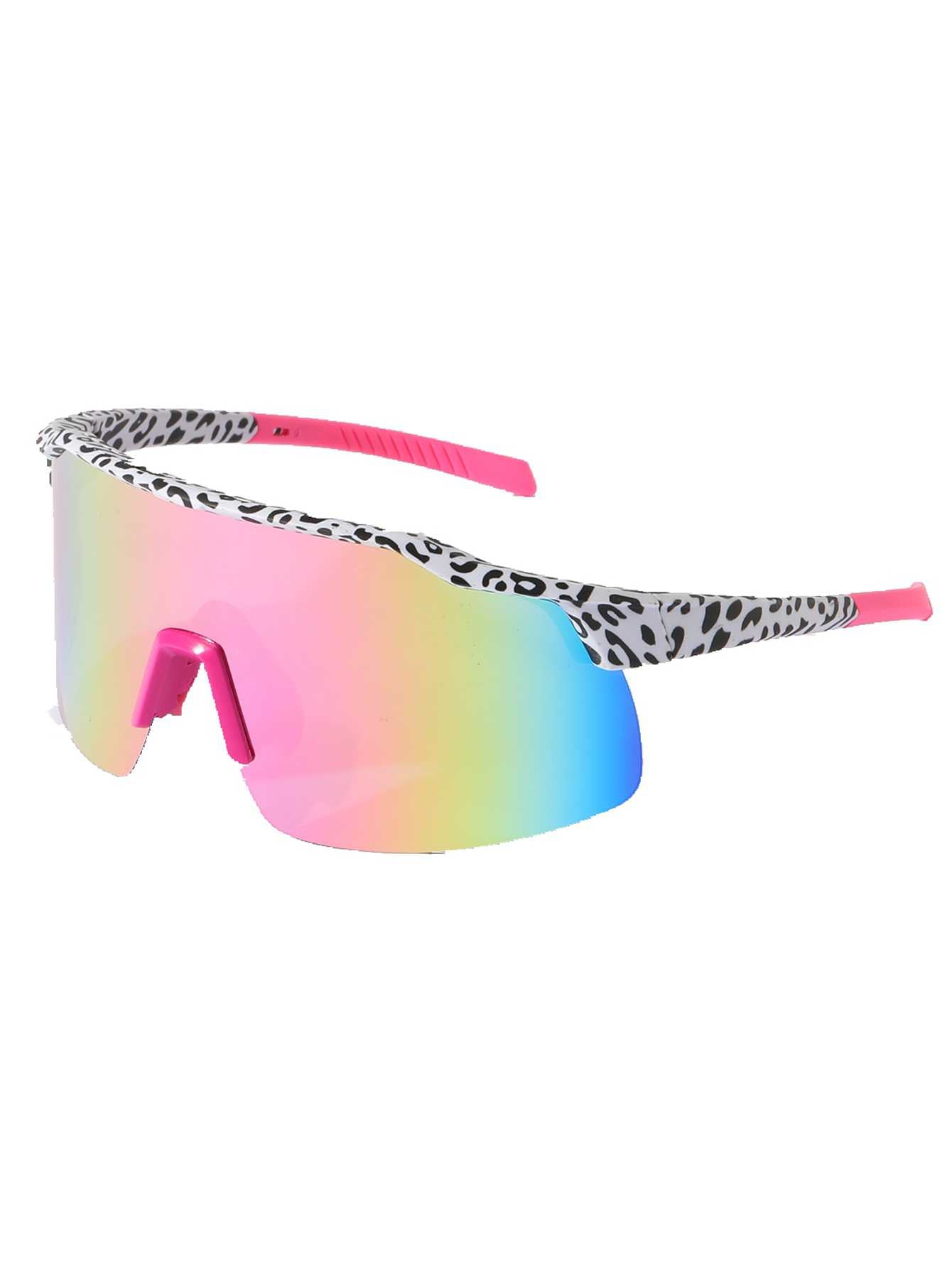 POLASUP Cycling Series YG90562 Leopard Print Frameless Sunglasses, Pink Mirrored Gradient Lens, UV400 Protection Sport Sunglasses for Men Women, Oversized Cycling Shades for Outdoor Activities