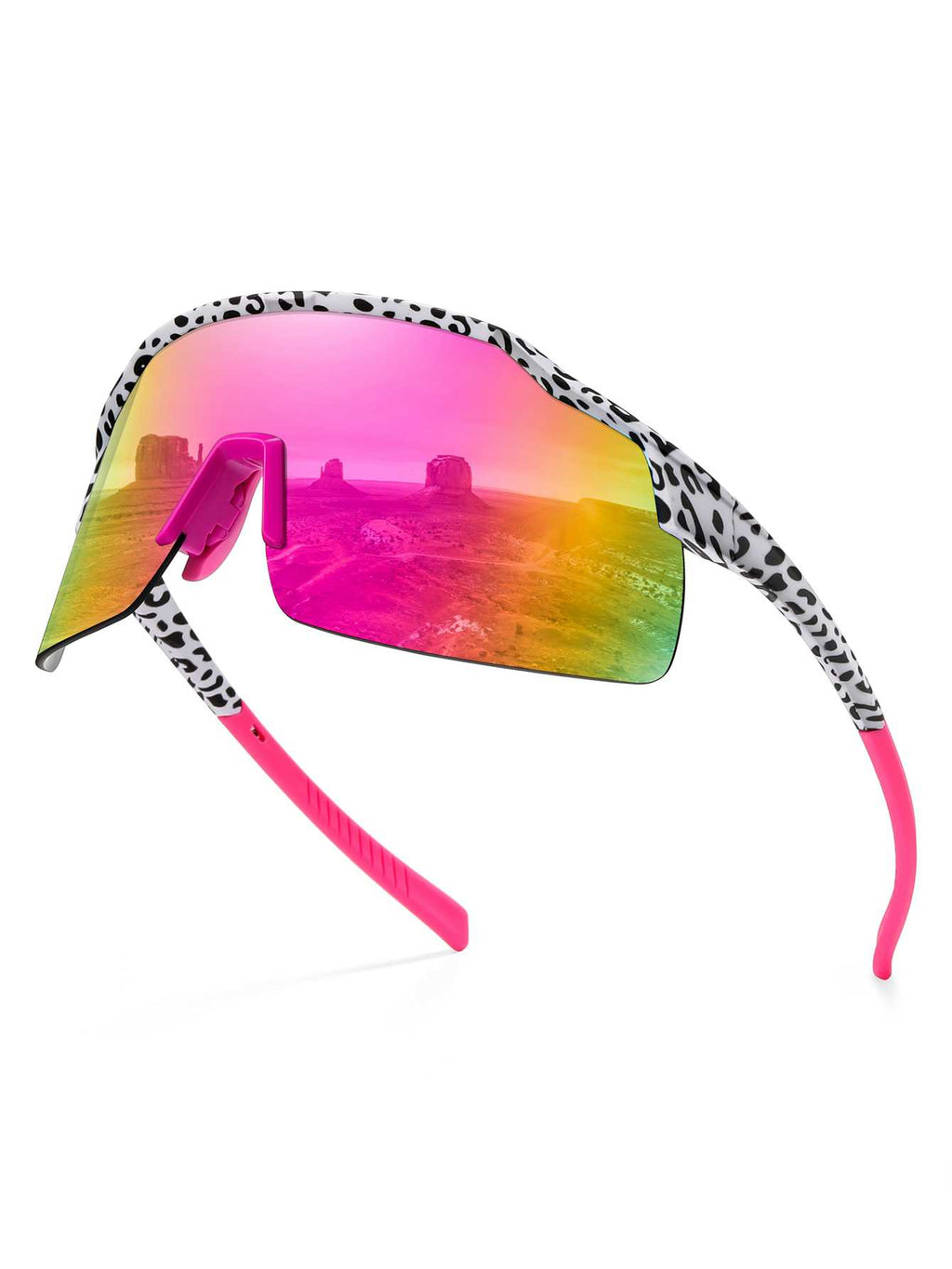 POLASUP Cycling Series YG90562 Leopard Print Frameless Sunglasses, Pink Mirrored Gradient Lens, UV400 Protection Sport Sunglasses for Men Women, Oversized Cycling Shades for Outdoor Activities