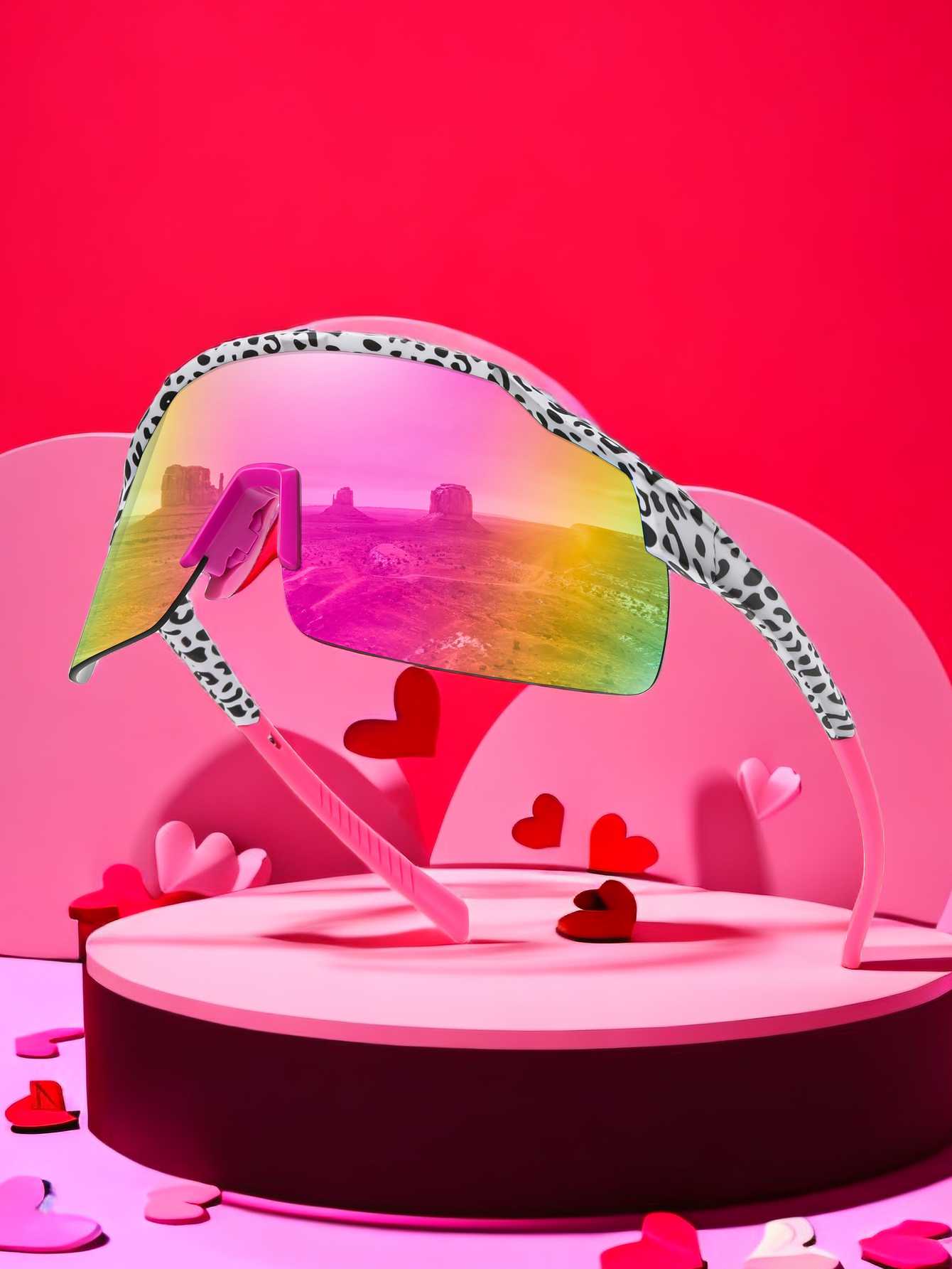 POLASUP Cycling Series YG90562 Leopard Print Frameless Sunglasses, Pink Mirrored Gradient Lens, UV400 Protection Sport Sunglasses for Men Women, Oversized Cycling Shades for Outdoor Activities