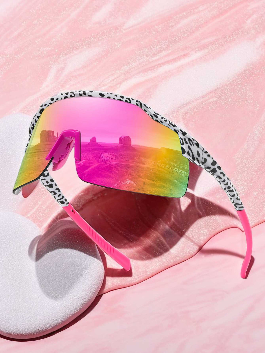 POLASUP Cycling Series YG90562 Leopard Print Frameless Sunglasses, Pink Mirrored Gradient Lens, UV400 Protection Sport Sunglasses for Men Women, Oversized Cycling Shades for Outdoor Activities