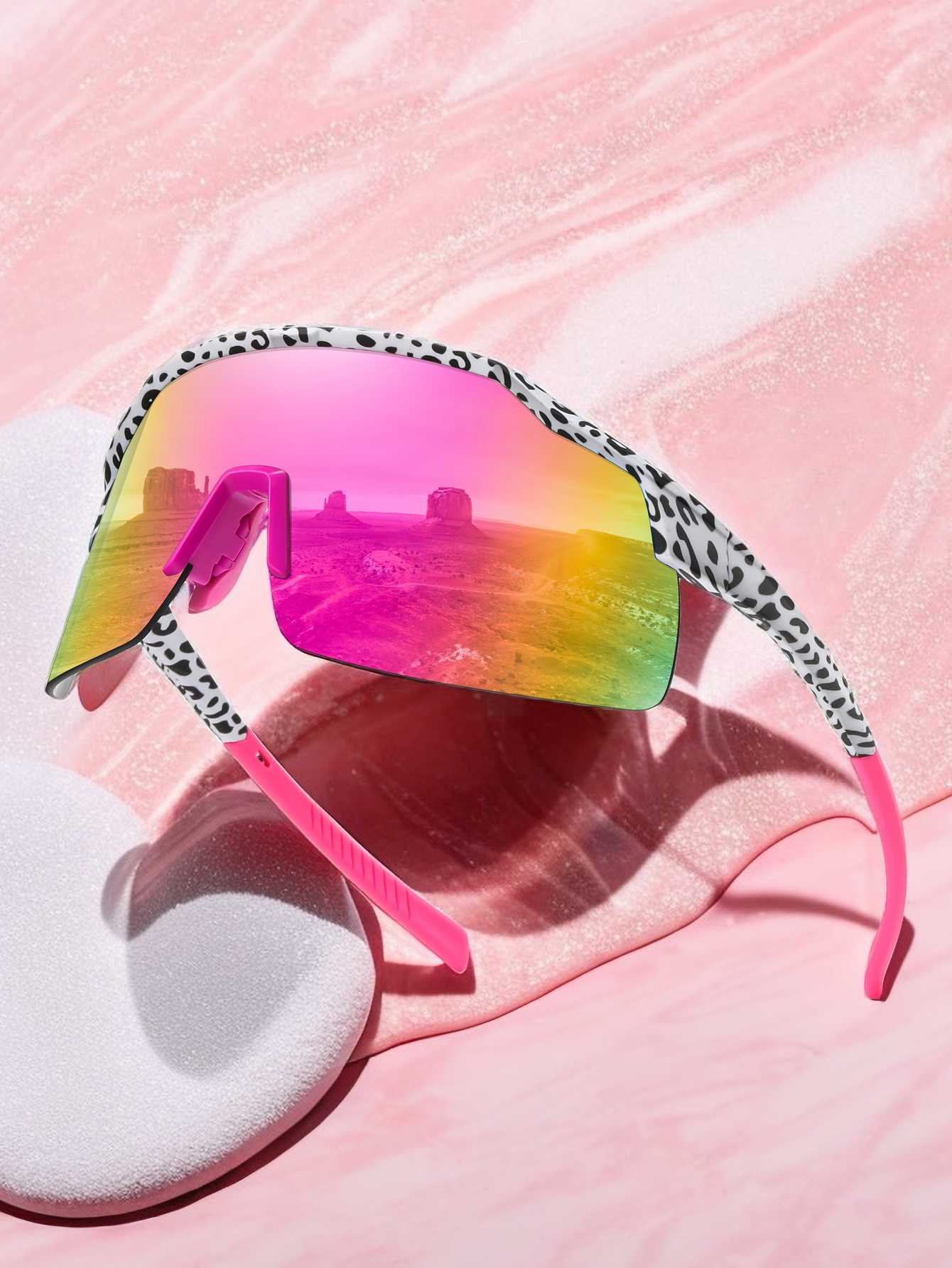 POLASUP Cycling Series YG90562 Leopard Print Frameless Sunglasses, Pink Mirrored Gradient Lens, UV400 Protection Sport Sunglasses for Men Women, Oversized Cycling Shades for Outdoor Activities