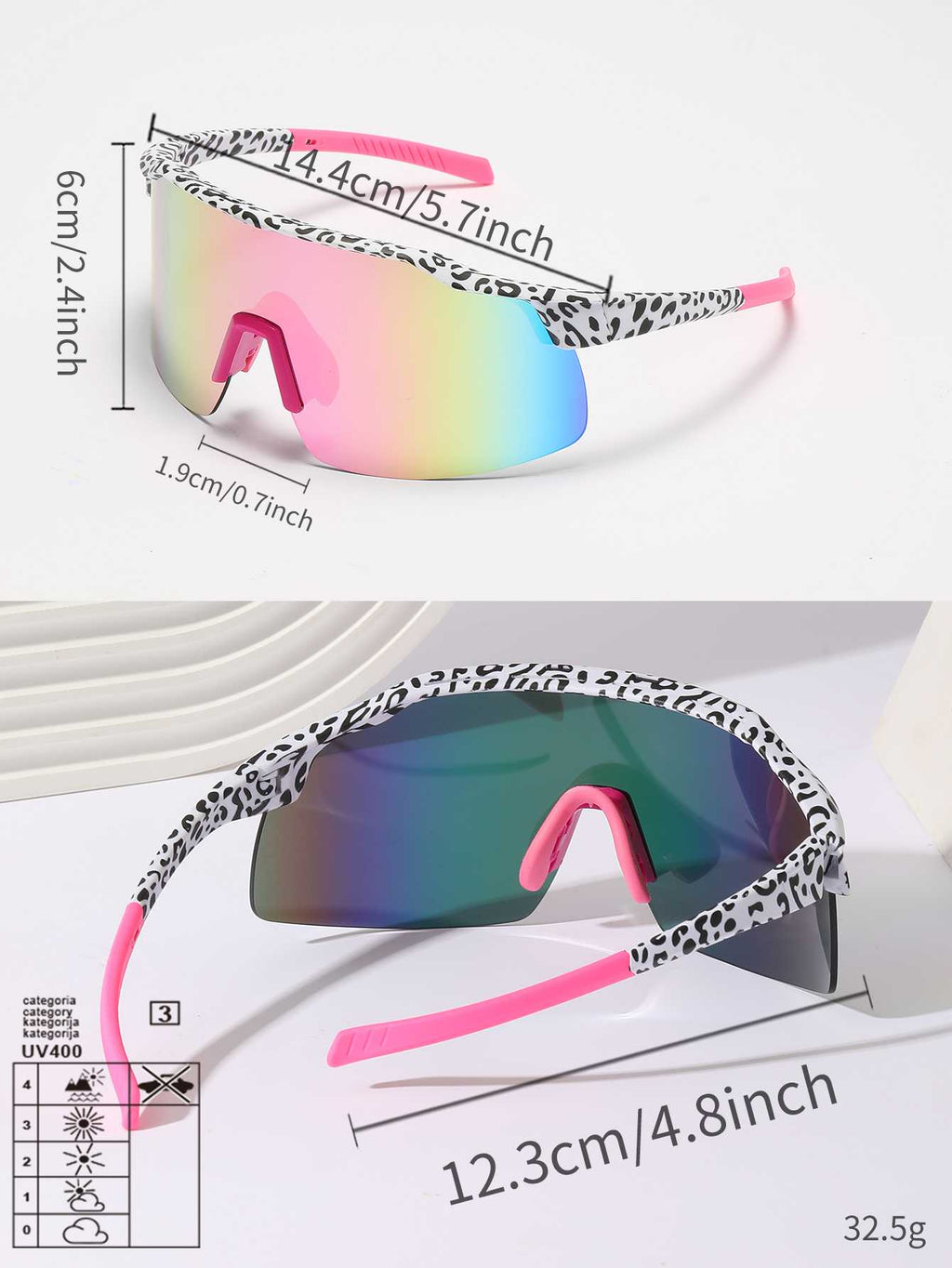 POLASUP Cycling Series YG90562 Leopard Print Frameless Sunglasses, Pink Mirrored Gradient Lens, UV400 Protection Sport Sunglasses for Men Women, Oversized Cycling Shades for Outdoor Activities