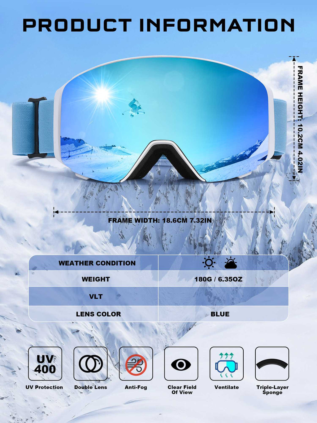POLASUP Mountain Series 3067 Ski Goggles for Men Women, UV400 Eye Protection, Triple Sponge Windproof Design, Anti-Fog Lenses for Snowboarding & Winter Sports with Carrying Pouch