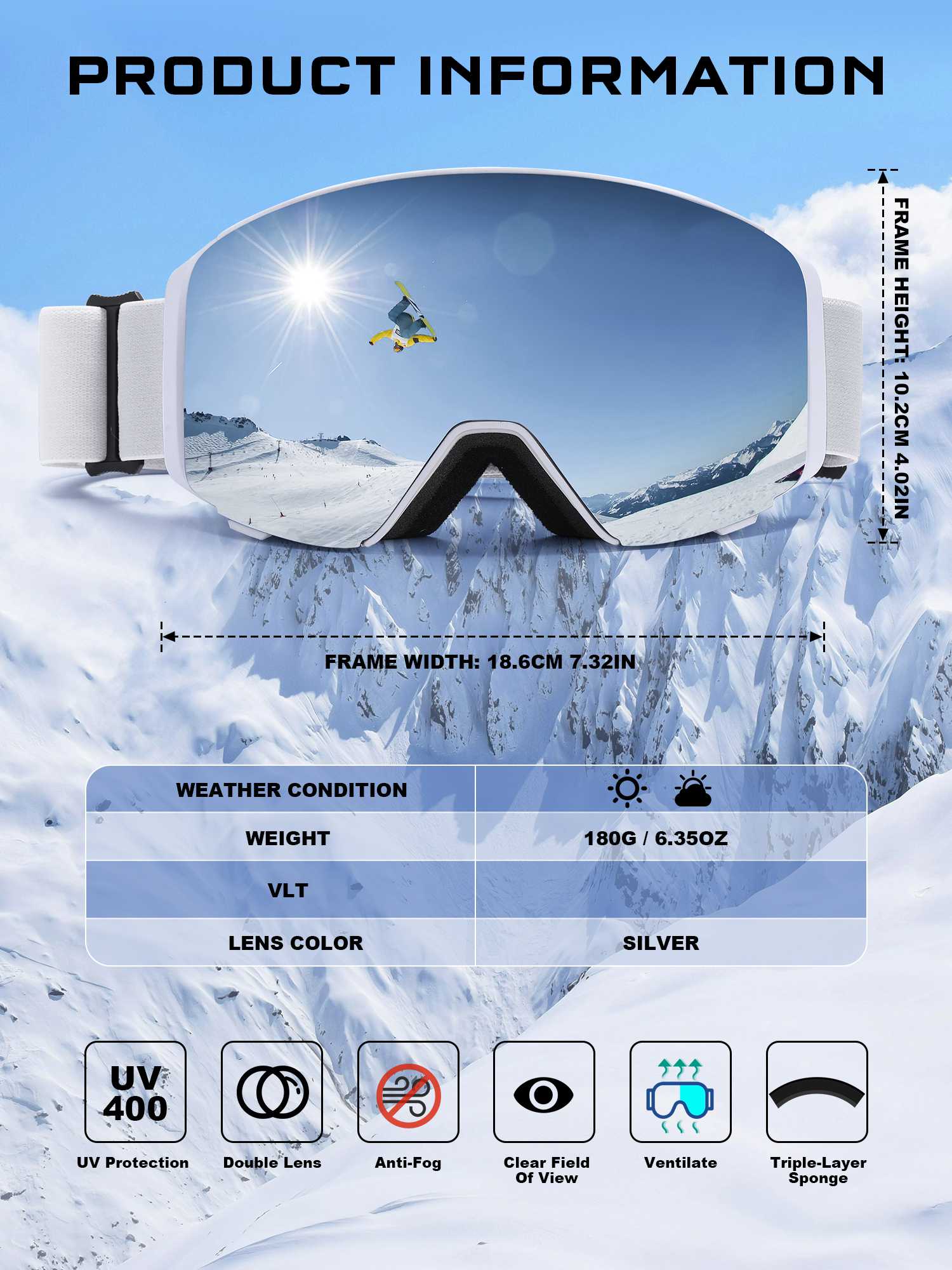 POLASUP Mountain Series 3067 Ski Goggles for Men Women, UV400 Eye Protection, Triple Sponge Windproof Design, Anti-Fog Lenses for Snowboarding & Winter Sports with Carrying Pouch
