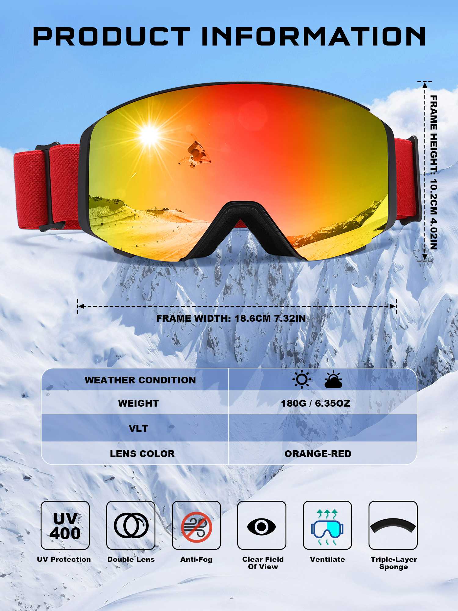 POLASUP Mountain Series 3067 Ski Goggles for Men Women, UV400 Eye Protection, Triple Sponge Windproof Design, Anti-Fog Lenses for Snowboarding & Winter Sports with Carrying Pouch
