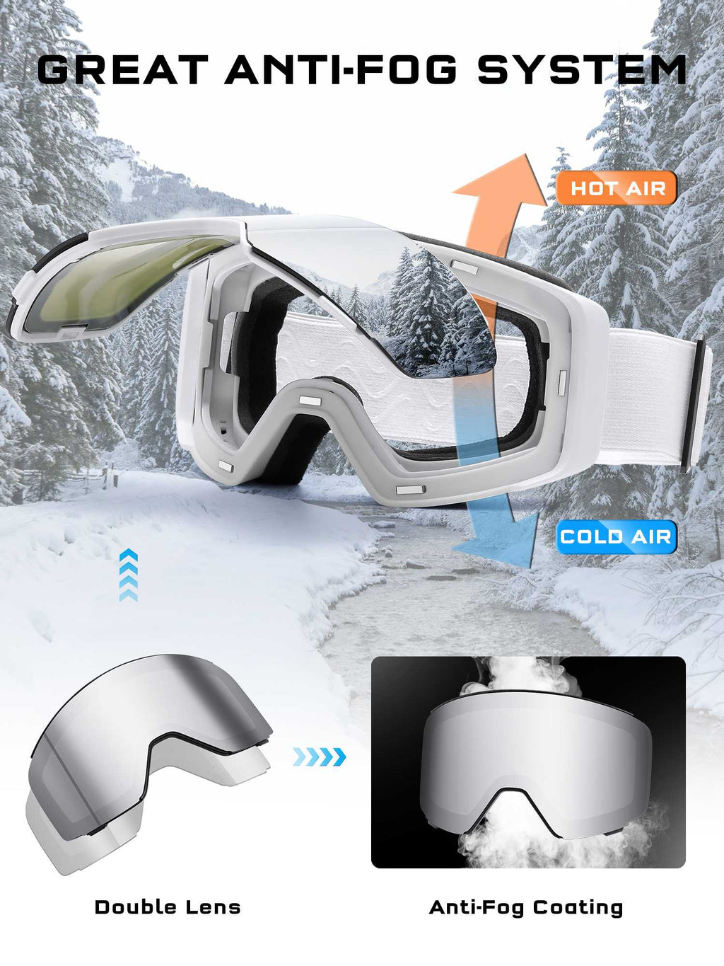 POLASUP Mountain Series 3067 Ski Goggles for Men Women, UV400 Eye Protection, Triple Sponge Windproof Design, Anti-Fog Lenses for Snowboarding & Winter Sports with Carrying Pouch