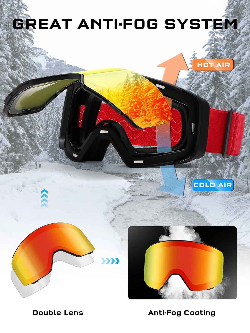 POLASUP Mountain Series 3067 Ski Goggles for Men Women, UV400 Eye Protection, Triple Sponge Windproof Design, Anti-Fog Lenses for Snowboarding & Winter Sports with Carrying Pouch