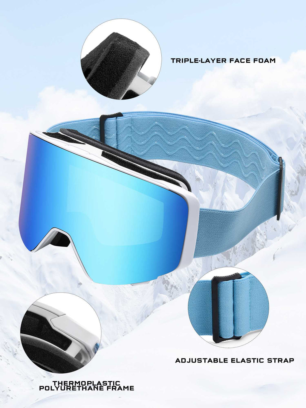 POLASUP Mountain Series 3067 Ski Goggles for Men Women, UV400 Eye Protection, Triple Sponge Windproof Design, Anti-Fog Lenses for Snowboarding & Winter Sports with Carrying Pouch