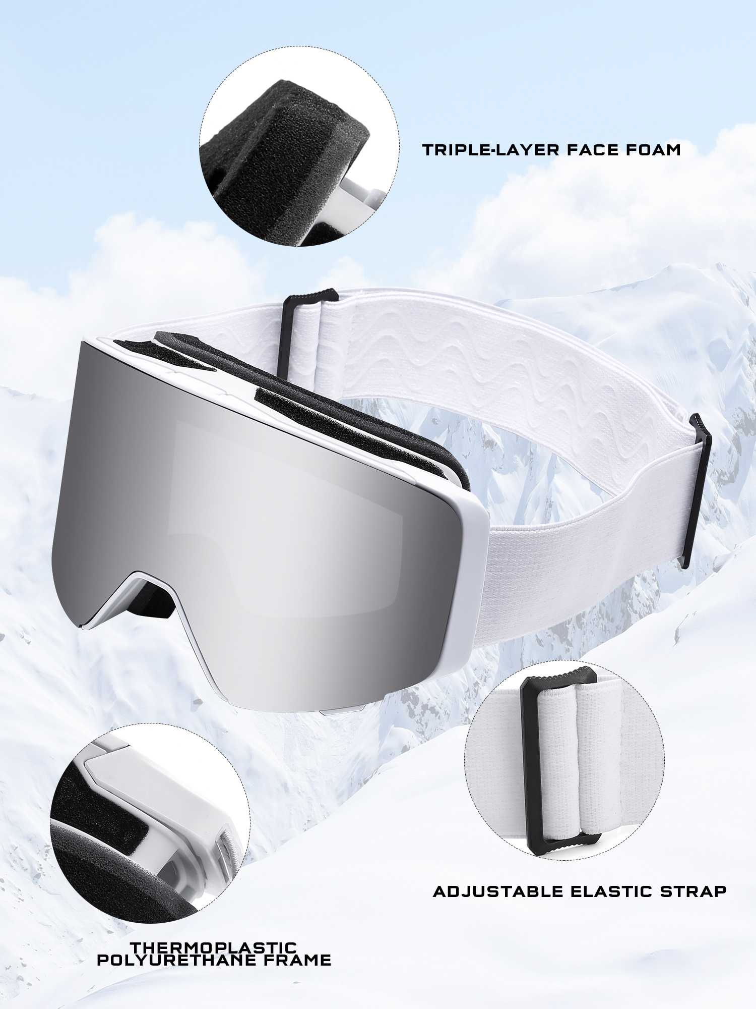 POLASUP Mountain Series 3067 Ski Goggles for Men Women, UV400 Eye Protection, Triple Sponge Windproof Design, Anti-Fog Lenses for Snowboarding & Winter Sports with Carrying Pouch