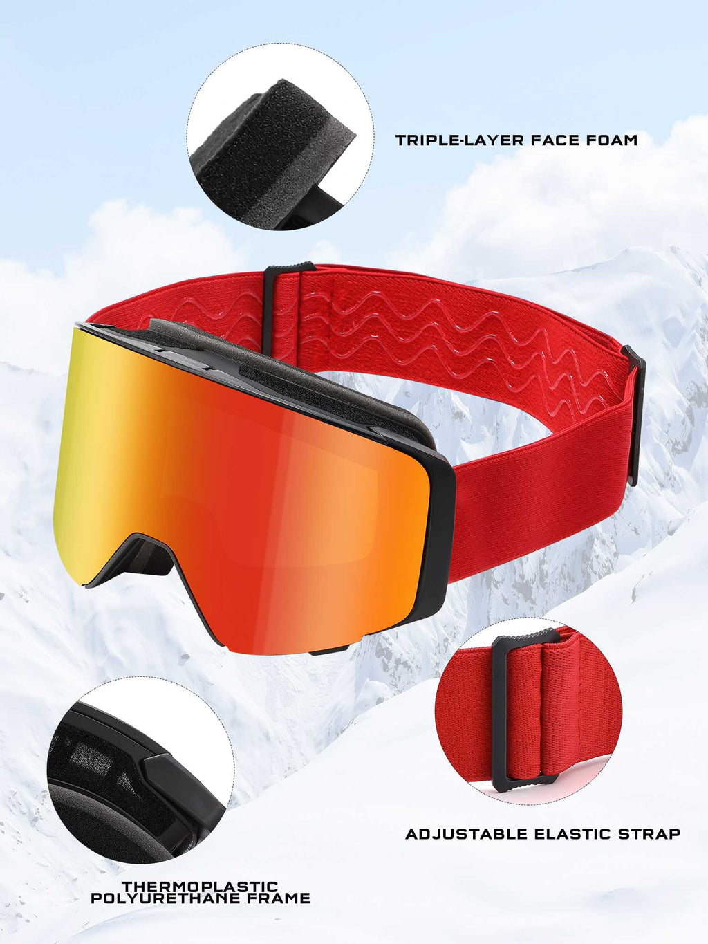 POLASUP Mountain Series 3067 Ski Goggles for Men Women, UV400 Eye Protection, Triple Sponge Windproof Design, Anti-Fog Lenses for Snowboarding & Winter Sports with Carrying Pouch
